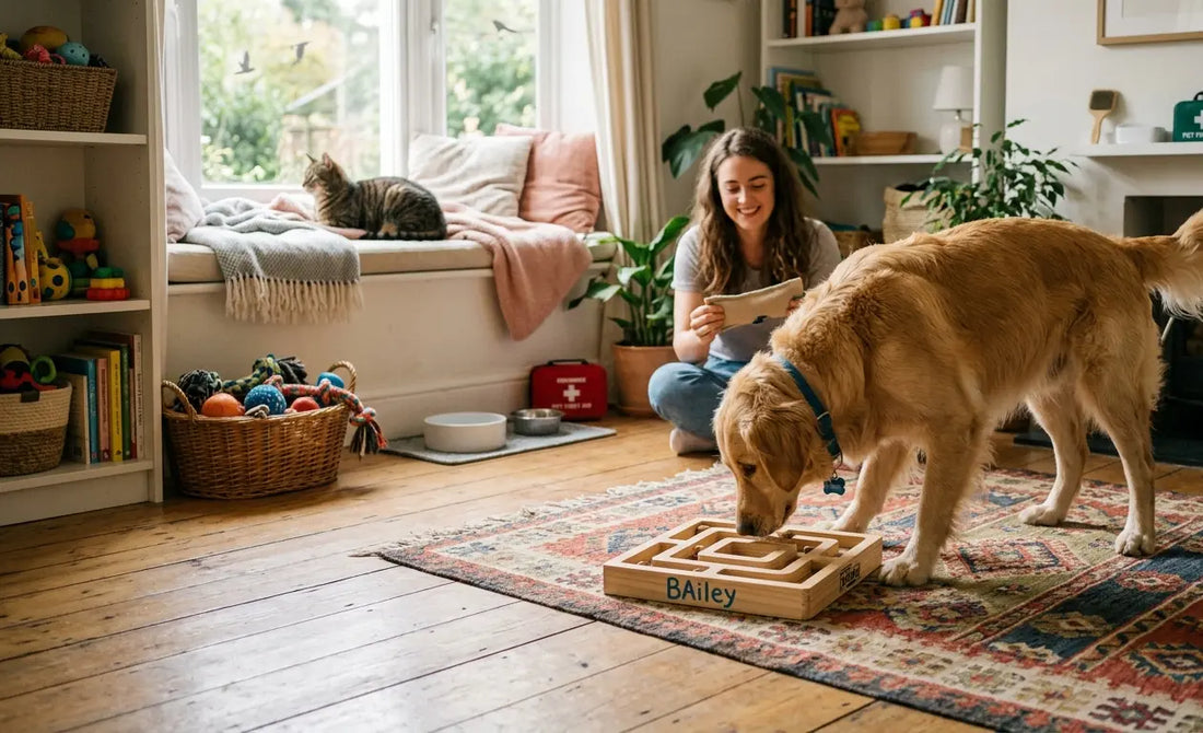 a Golden Retriever engaging with an interactive puzzle toy, a relaxed cat lounging on a window perch, and a "Pet First Aid" kit and toys in the background, all highlighting the essential elements of a happy and healthy home environment for pets.