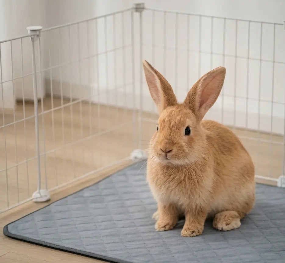 Brown rabbit sitting on a gray mat inside a wire enclosure.