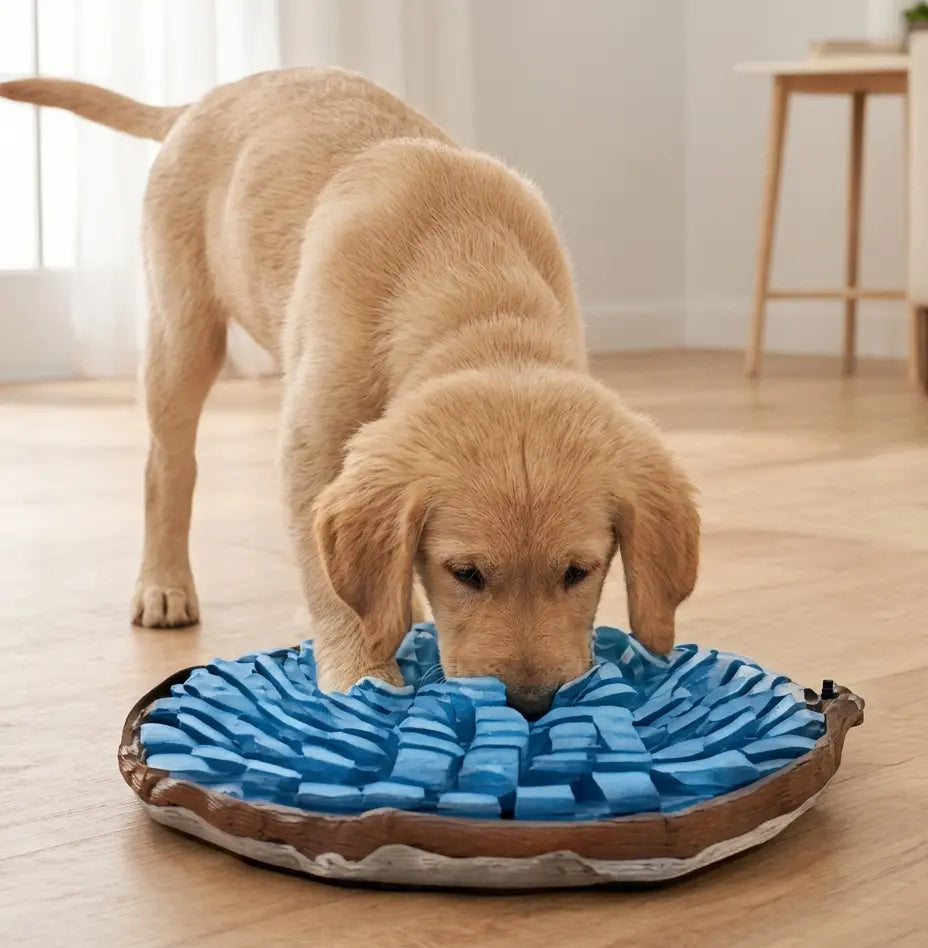 Puppy playing with a blue and brown dog toy on a wooden floor.