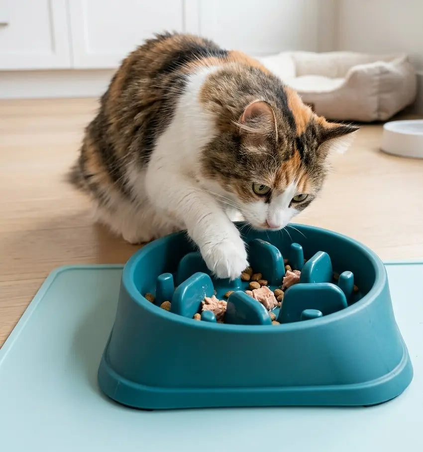 Cat interacting with a blue food puzzle bowl on a light wooden floor.